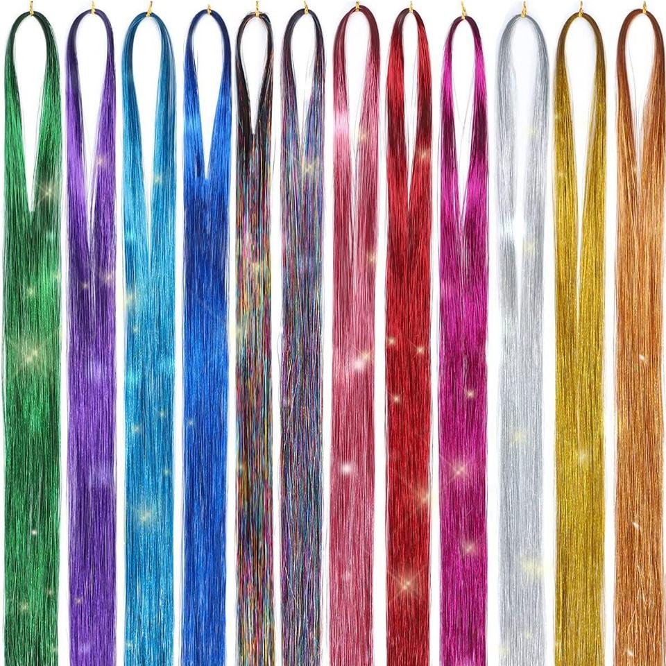 48 Inch Synthetic Hair Tinsel Kit With Tool Tinsel Hair Extensions 12 Colors Fairy Hair Tinsel Sparkling Shiny Hair