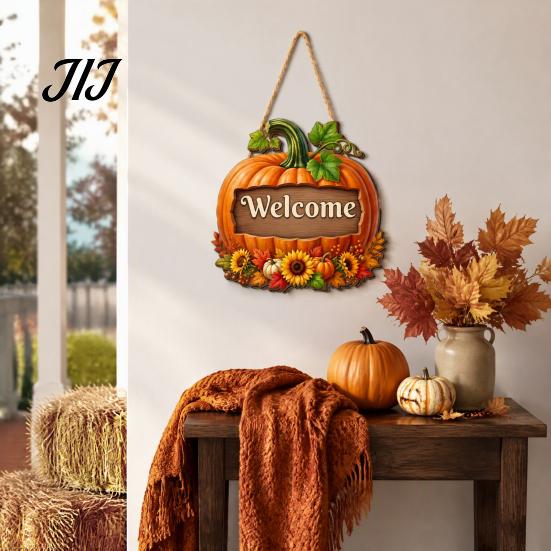 Durable Solid Wood Plaque Autumn Pumpkin Gnome Welcome Sign for Front Door, Rustic Hanging Thanksgiving Wall Ornament with Hemp Rope Fall Harvest Home