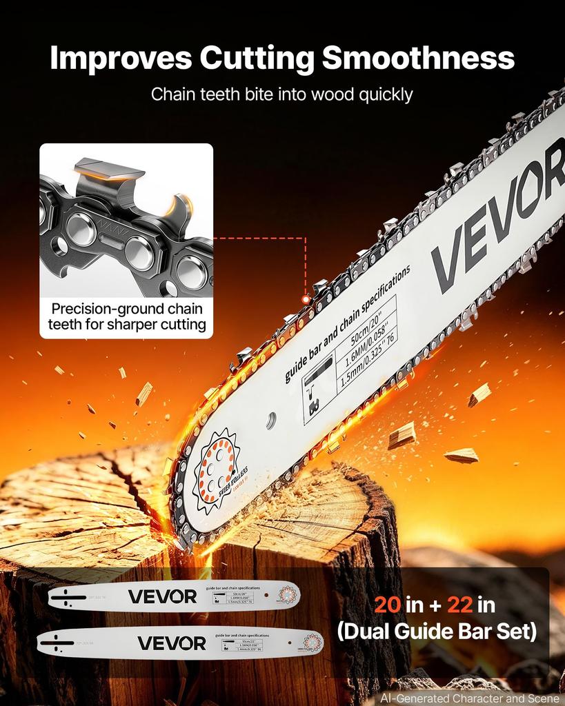 VEVOR Gas Powered Chainsaw 508 & 558.8 mm 62CC 2.7kW 2 Stroke Engine Saw, for Wood Cutting, Tree Trimming & Land Clearing