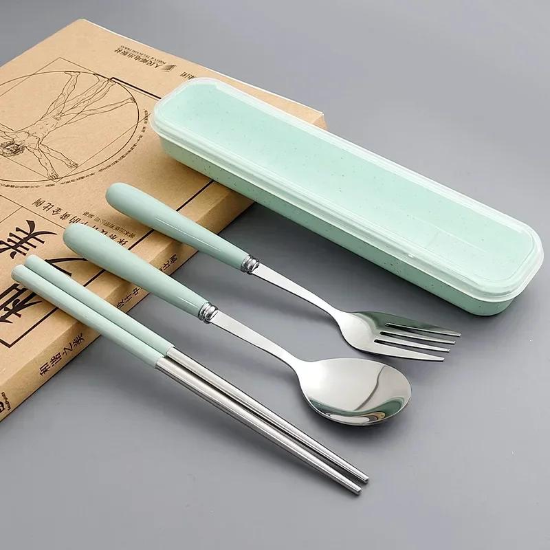 4PCS/Set Wheat Straw Tableware Box Spoon Fork Chopsticks Cutlery Dinnerware Children Adult Travel Portable Kitchen Accessories
