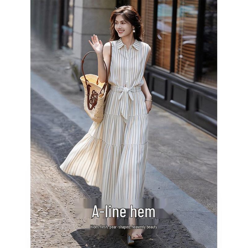 

Women s Summer Fake Two-Piece Lapel Sleeveless A-Line Midi Dress S