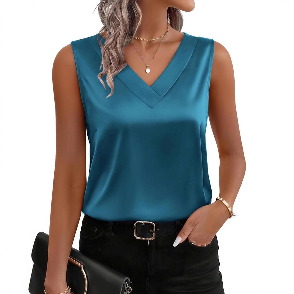 Women's European Summer 2026 V-Neck Satin Camisole Sleeveless Top