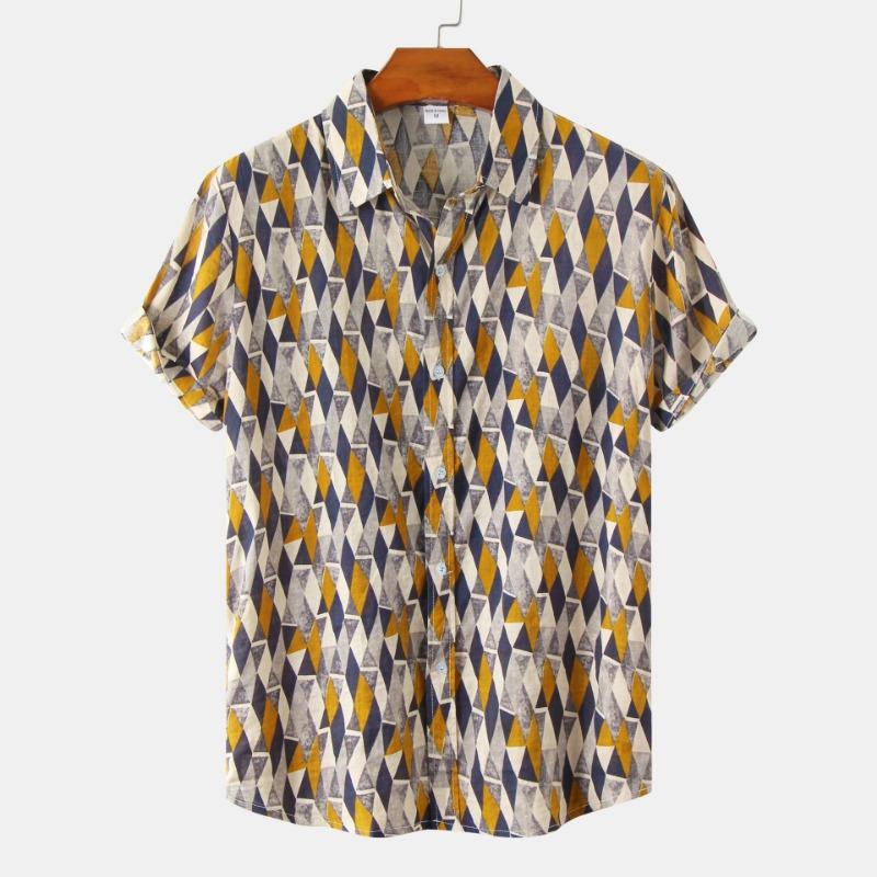 Men Short Sleeve Button Down Shirt Geometric Diamond Print Casual Summer Beach Shirt
