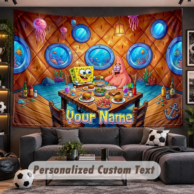 Wall Hanging Tapestry Custom NameSpongeBob Pattern Personalized Printed Fabric Wall Decor