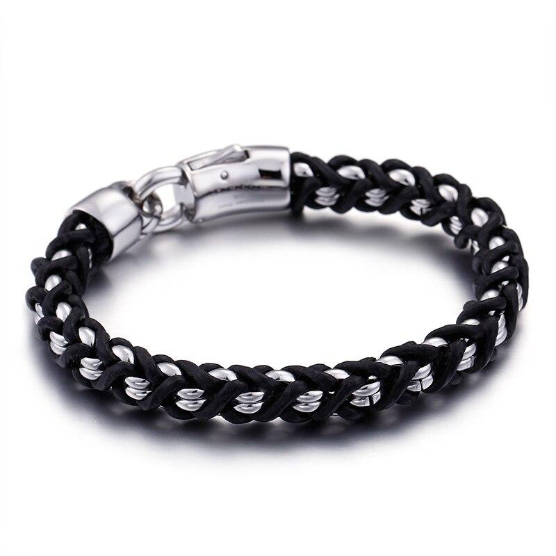 Retro Geometric Stainless Steel Black Leather Rope Braided European Ethnic Style Individuality Bracelet For Men