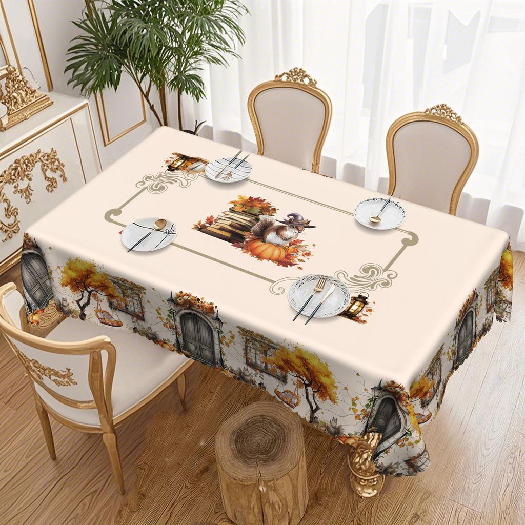 Mori Tablecloth, Autumn Squirrel Pumpkin Pastoral Print, Waterproof And Oil-Proof Round And Rectangular Tablecloth