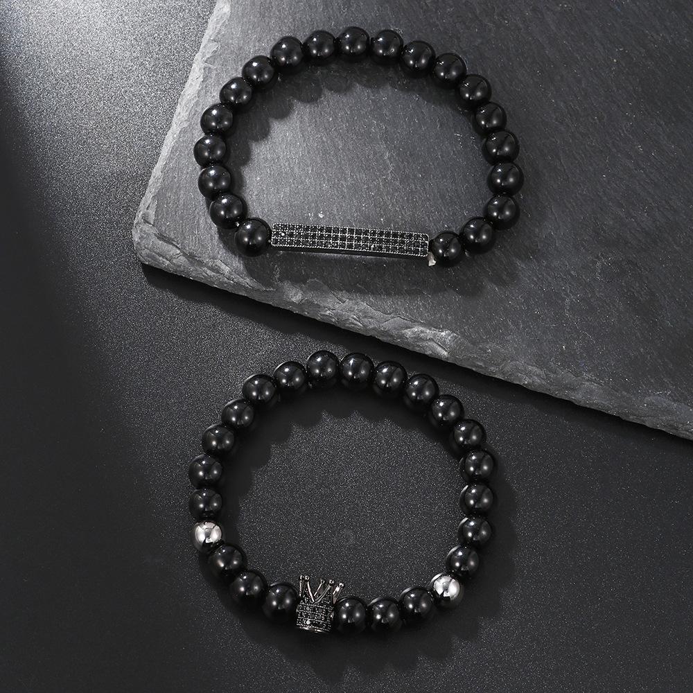 European and American new simple matte black bead volcanic stone crown black zircon bracelet set 1 elastic Buddha bead bracelet