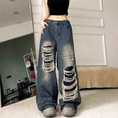 Damen High Waist Ausgefranste Weite Beine Jeans Retro Streetwear Baggy Denim Hosen