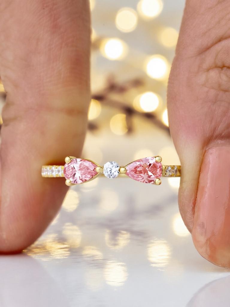 Exquisite Pink Bow-shaped Zircon Gold Ring-stackable Jewelry-ladies Jewelry
