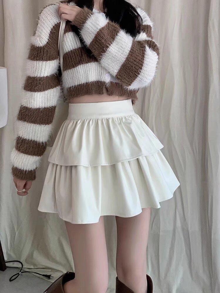 Solid Color High Waist Tutu Skirt PU Leather Skirt Women's Winter Versatile A-shaped Skirt Pleated Skirt Short Skirt