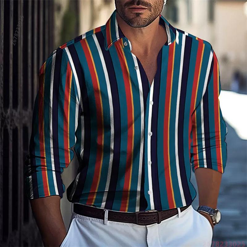 2026 New Style Red, Black, and White Striped Long-Sleeve Shirt for Men, Stylish Slim Fit Lapel Cardigan Casual Top