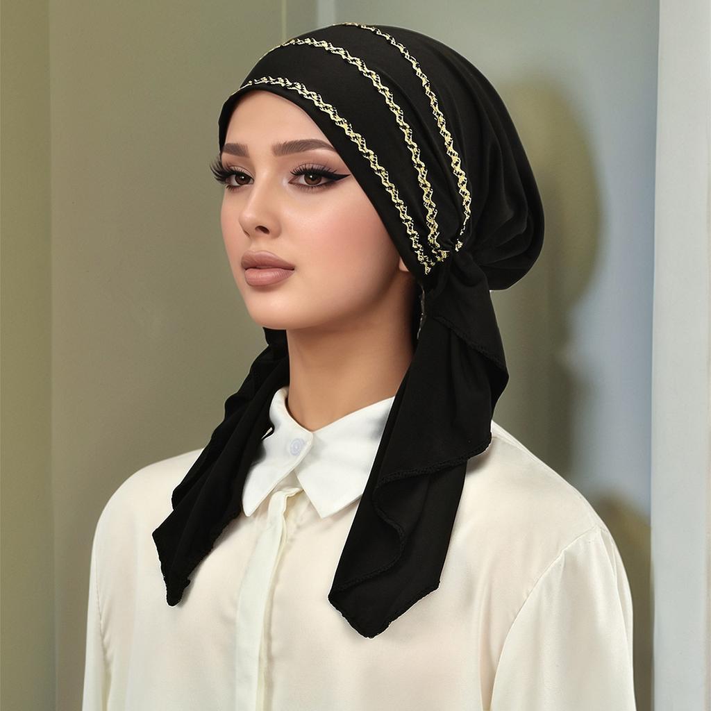 Women Golden Stripes Elastic Hat Cap Muslim Hijab Headband Middle East Instant Scarf Hijab Islamic Turban Bandana