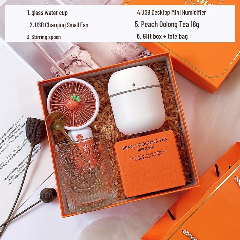 Ceramic Mug & Gadget Holiday Gift Set Set 009: Mug, Mini Fan, Spoon, Humidifier, Tea