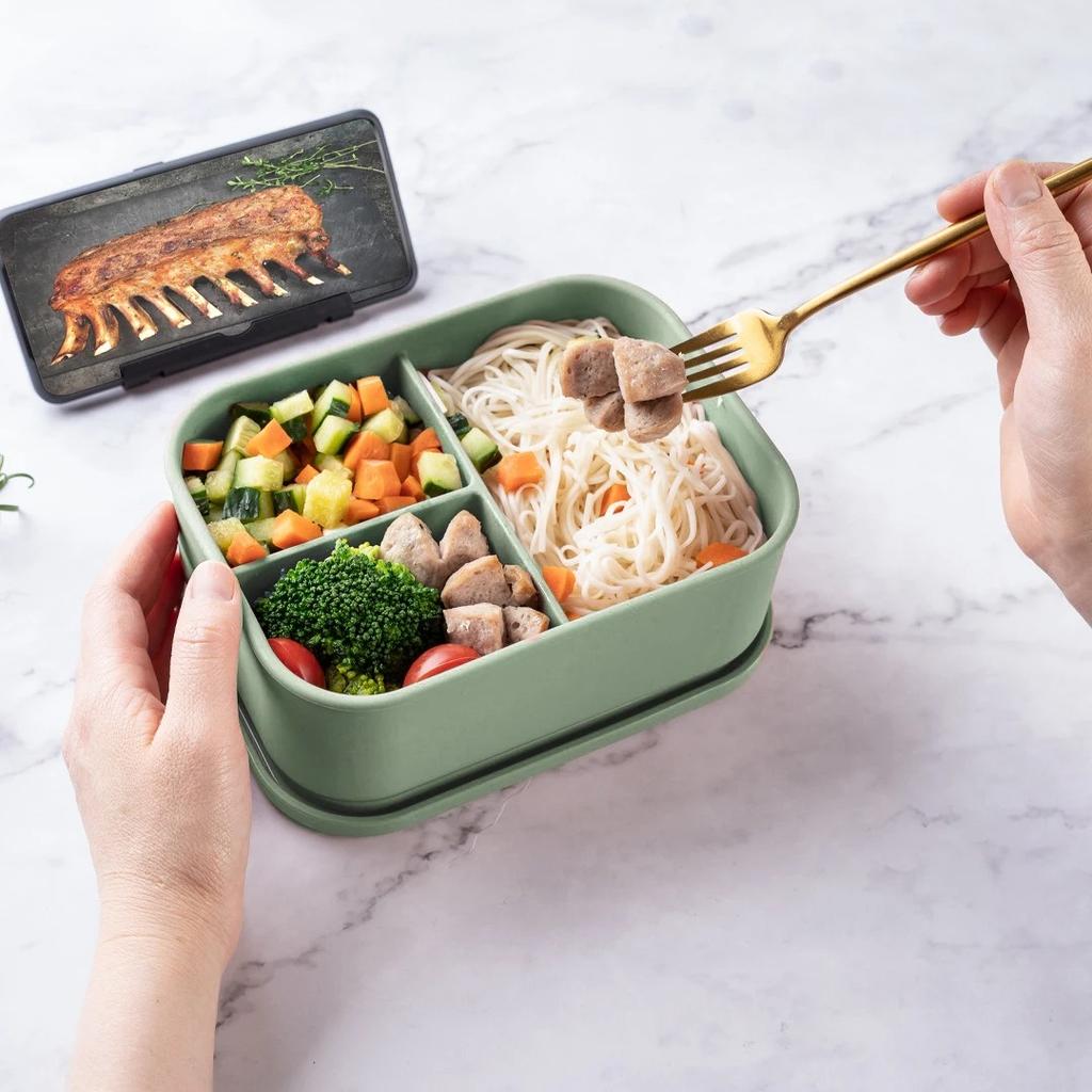 Neue Silikon-Lunchbox mit drei Fächern, tragbare, mikrowellengeeignete Lebensmittelbox mit dicht schließender Frischhaltebox