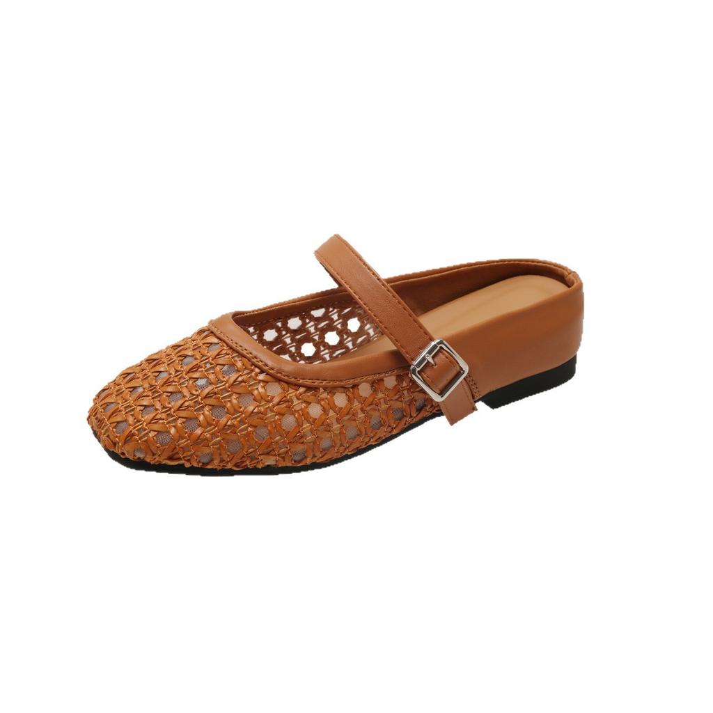 Retro hollow woven inner heightening bag head slippers women's 2025 new holiday style square head one-word buckle half slippers