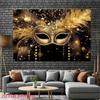 Golden Masquerade Mask Tapestry, Black Background with Feathers, Carnival Party Decor