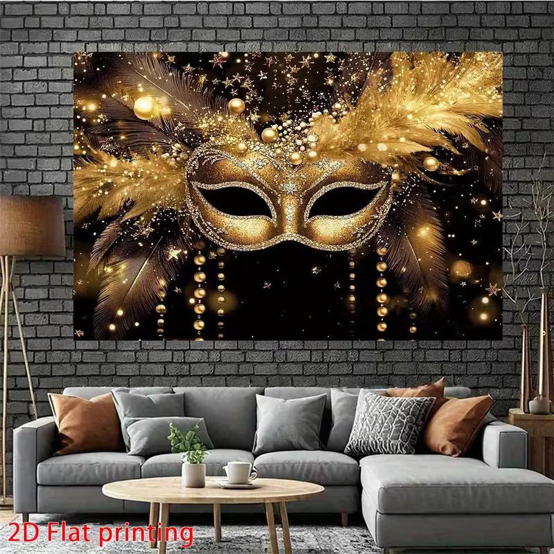 Golden Masquerade Mask Tapestry, Black Background with Feathers, Carnival Party Decor