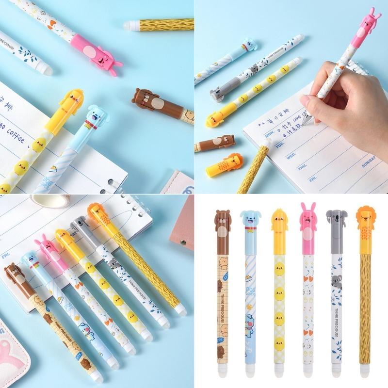 6x 0.5mm Gel Pen Quick-Drying Neutral Pen Cartoon Erasable Pen Gel Ink Pen Smooth Writing Pen for School Office