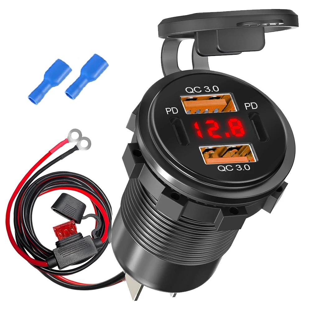 NEW 12-24V 96W Car Charger Power Outlet Socket Dual QC3.0 USB & Dual PD3.0 Fast Charging Outlet with LED Voltmeter Adapter