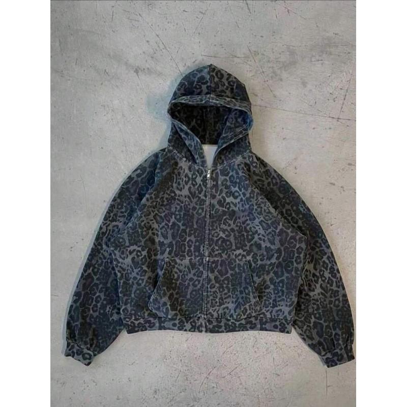 Unisex Oversized Hooded Sweatshirt With 3D Leopard Print Zipper Front Casual Streetwear Apparel