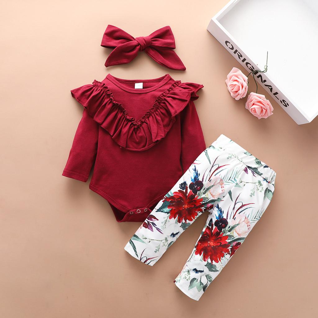 

Новорожденные девочки Длинные рукава Ruffle Ромпер Цветочные брюки Оголовья Набор
