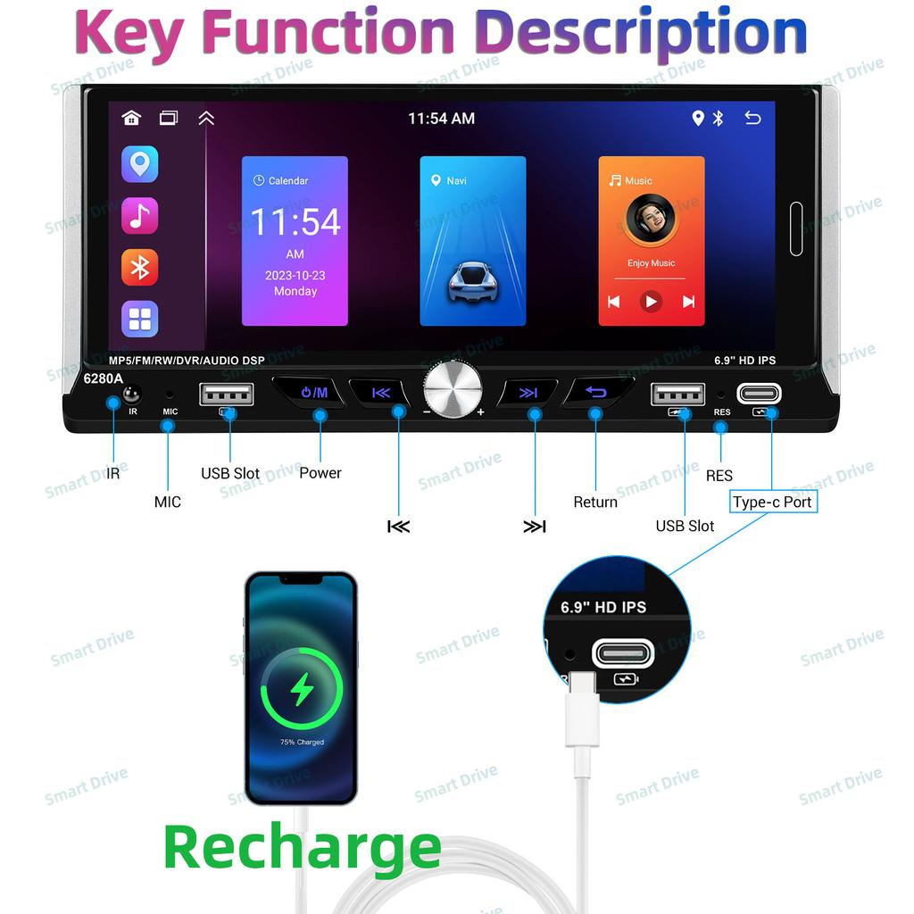 6.9" Android Car Multimedia Player 1Din Radio Car Stereo Head Unit Wireless Carplay Autoradio GPS Navigation WIFI Android Auto