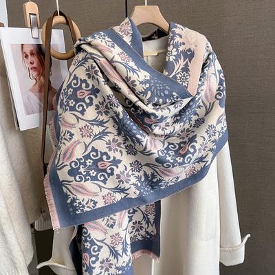 Poncho Hijab de Cashmere com Estampa Floral Espessa para Mulheres Lenço de Luxo Pashmina Quente Manta de Viagem Xale Envolvente Bufanda Design Echarpe