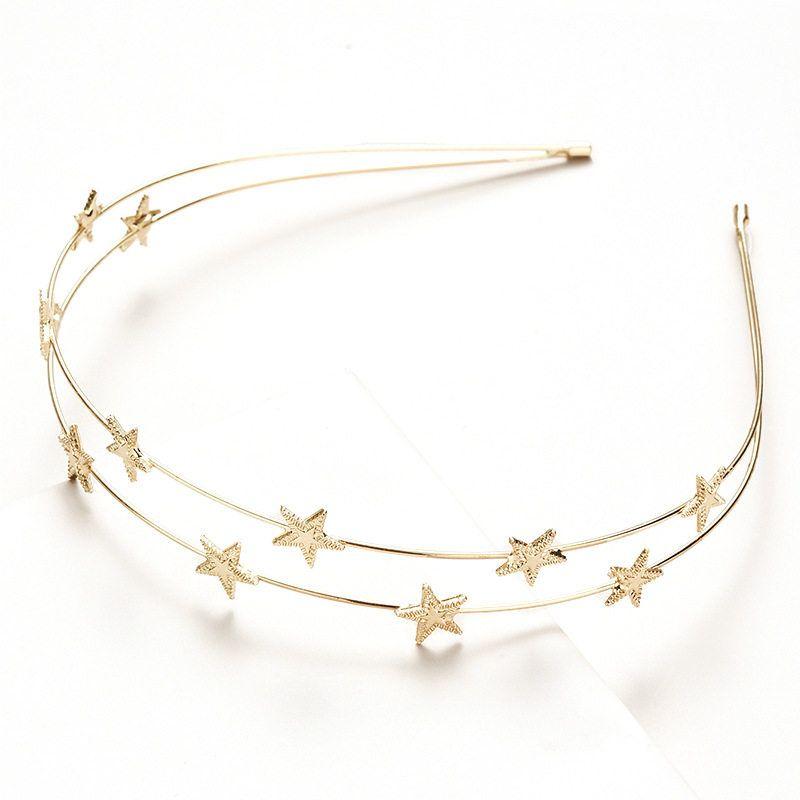 European and American Hot-Selling Personalized Metal Hair Accessories, Five-Pointed Star Double-Layer Hairband, Sweet and Ladylike Simple Hairband Golden Double Five-Pointed Star
