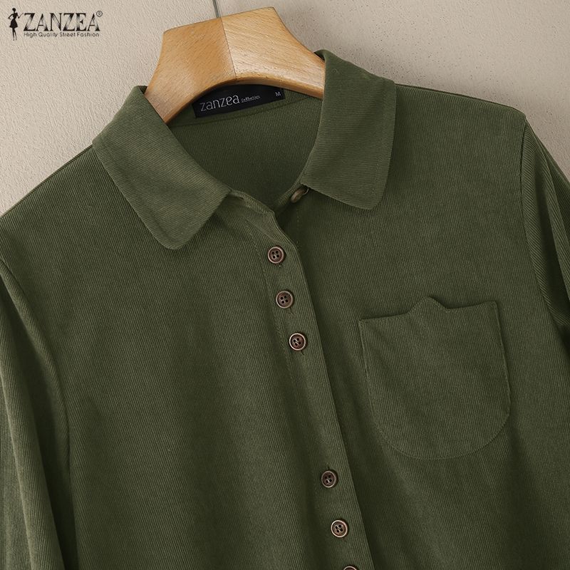 ZANZEA Women Casual Turn Down Collar Long Sleeve Loose Corduroy Blouse