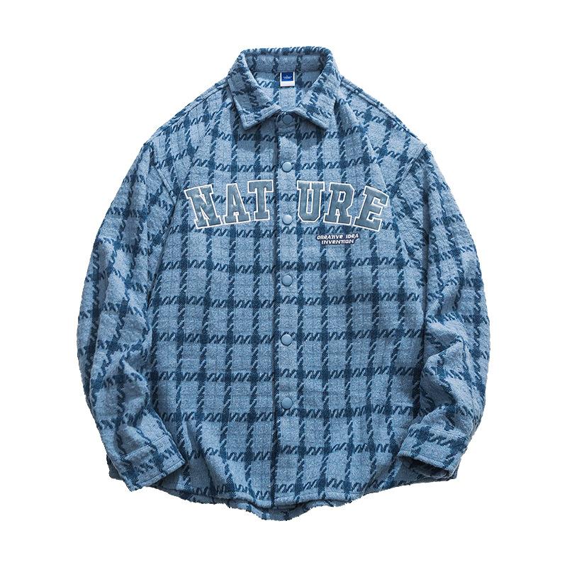 Men's Long-sleeved Shirt Autumn New Hong Kong Wind Jacket Casual Shirt Lapel Plaid Shirt Fashion Loose Coat