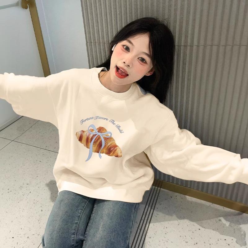 Sweatshirt Bleu Marine pour Femme Imprimé Croissant Coupe Ample Col Rond Doublé Polaire Pull Décontracté