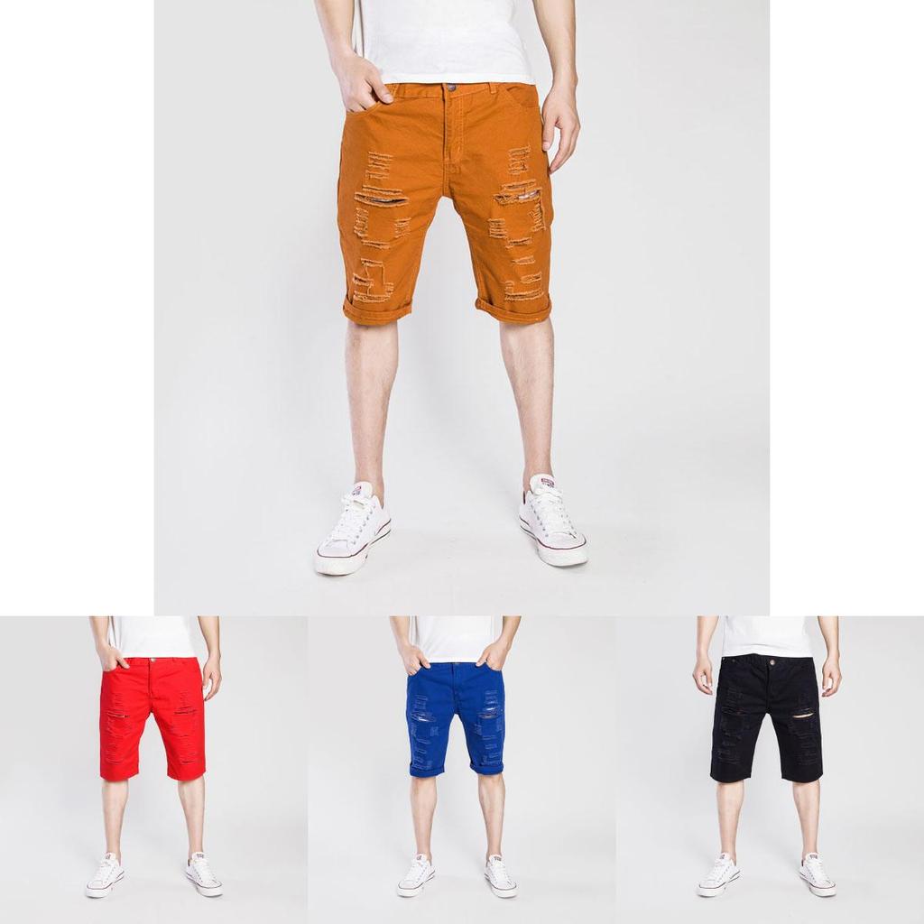 Premiumkvalitet Mode Herr Cargo Denim Shorts Casual Slitna Jeans