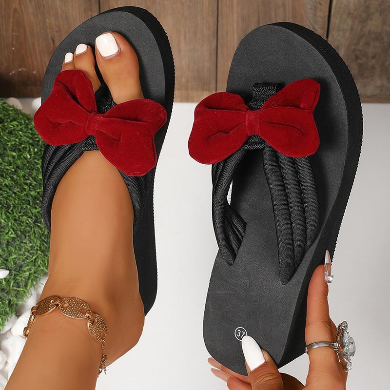 Fashion Sweet Red Bow Knot High Heel Flip Flops Women Fashion Open Toe Wedge Summer Slippers Lady New Anti-Slip Weightlight Slides Mujer