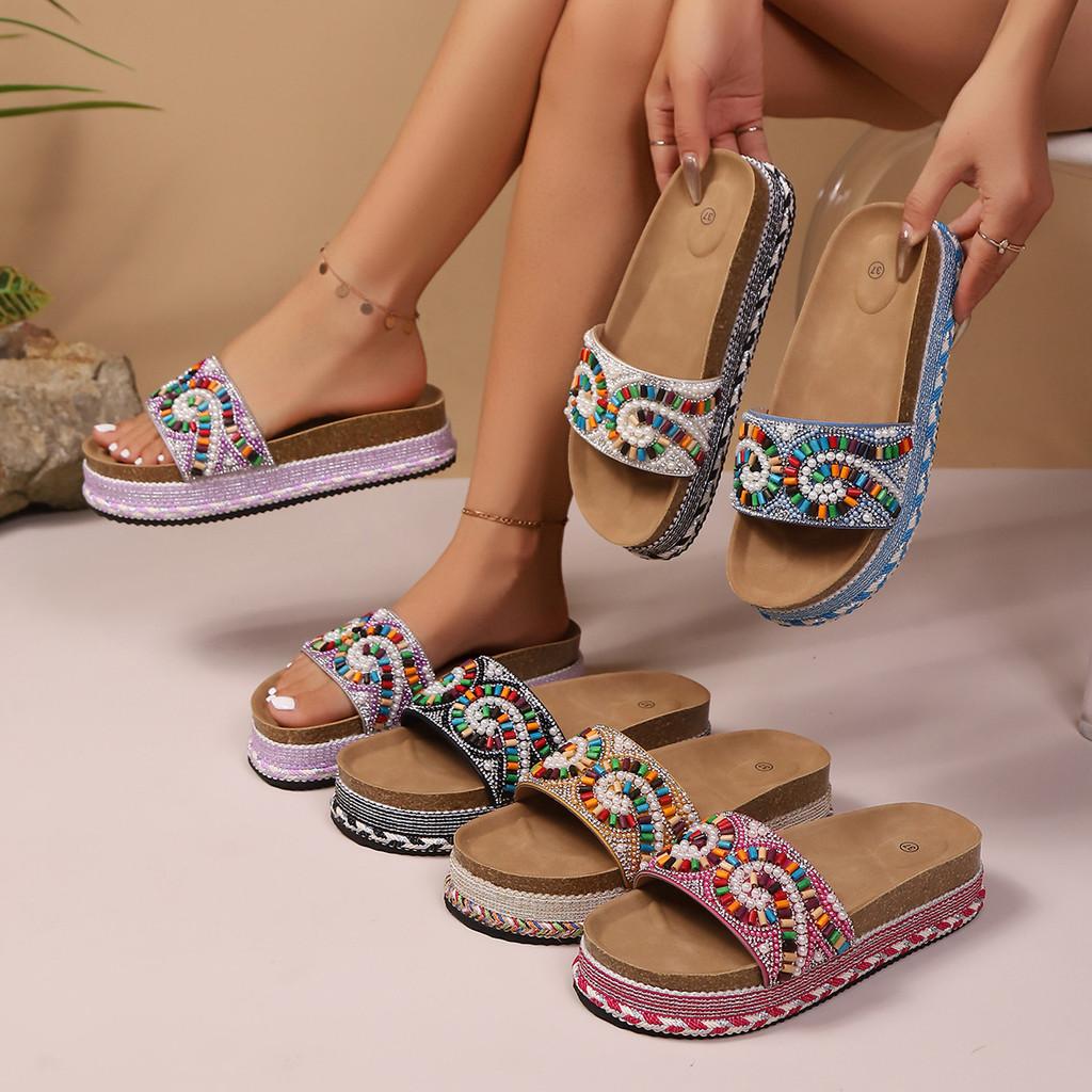 Summer Women Ethnic Style Flat Wooden Slippers With Rubber Sole For Beach Wear