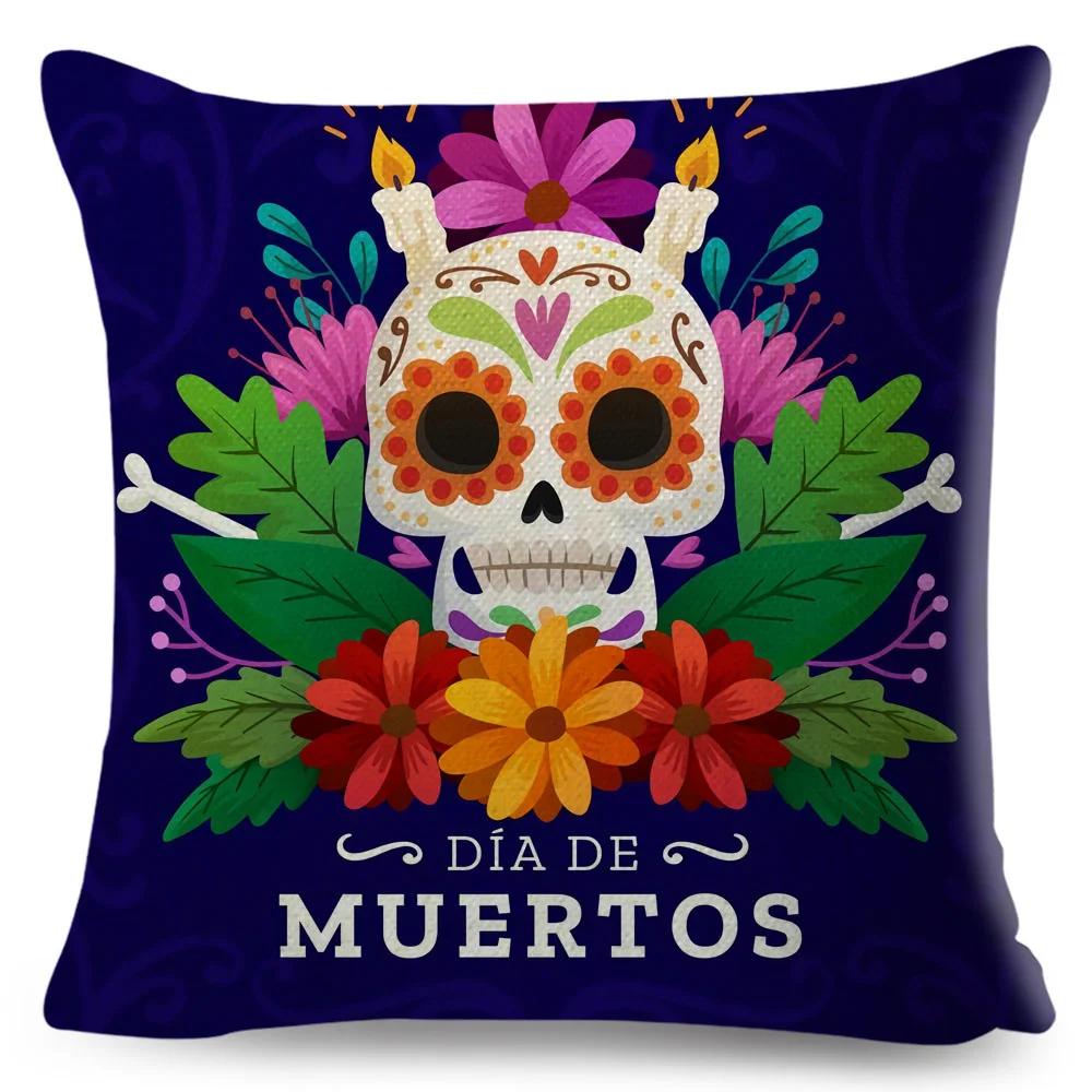 Day Of The Dead Pillowcase Decor Cartoon Mexico Flower Skull Print Cushion Cover for Sofa Home Polyester Pillow Case 45x45cm