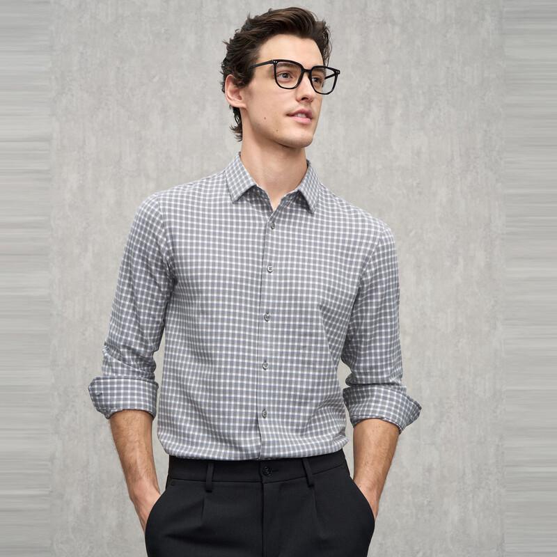 EMZ Men s Autumn Grey Plaid Warm Long-Sleeve Shirt 3XL