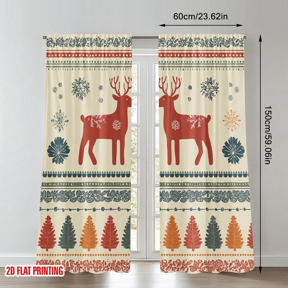 2 Stück 2D Flachdruck Weihnachtsvorhänge Weihnachten Rentier Schneeflocken Bäume Digital Gedruckte Polyester Vorhänge Geburtstagsparty Gebrauch
