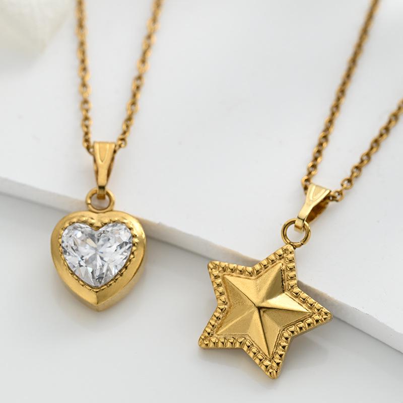 Gold Stainless Steel Star & Heart Zirconia Necklace - Non-Fading, Versatile, Simple Clavicle Chain, Two Styles