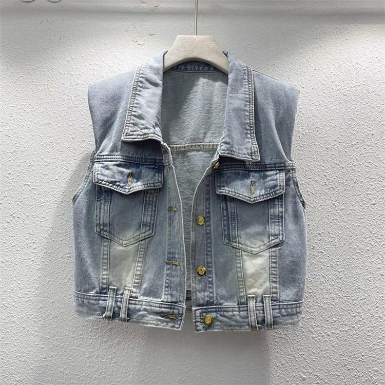 Light blue denim vest sleeveless vest women s European summer design sense retro short vest jacket top S