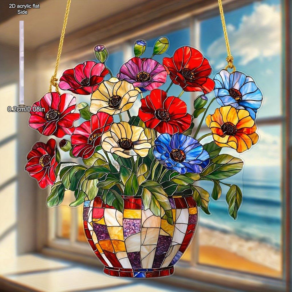 Acrylic Flower Pot with Solar Catcher Colored Light Collector Window Hanging Home Bedroom Decor Unique Holiday Gift, Four Seasons Decoration