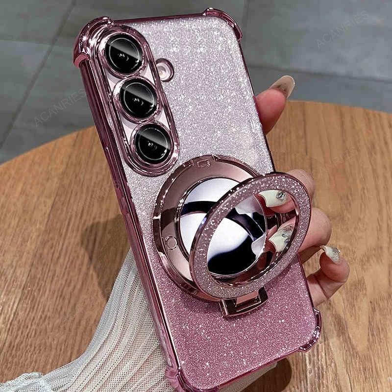 Fashion Glitter Magnetic Mirror Bracket Phone Case for Samsung Galaxy S26 Ultra S26 Pro S25 Edge Plus S24 FE S23 S22 S21 S20 Camera Protect Cover