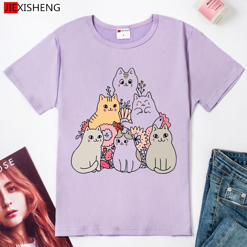 6 Cats Funny Cartoon Graphics Print Women T Shirt Ladies Short Sleeve O-Neck T-Shirt 5 Colors Harajuku Tee Shirt