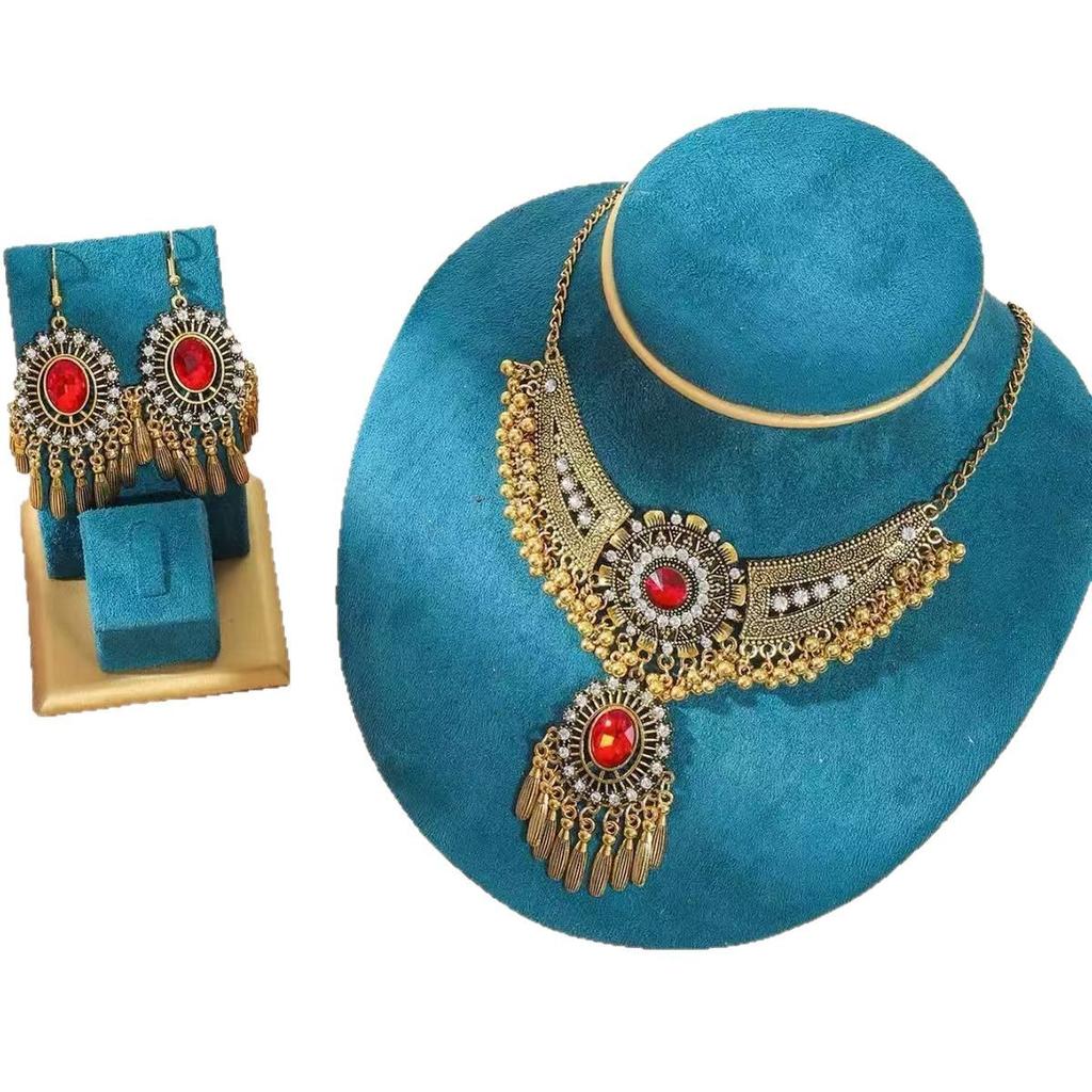Ethnic Style Crystal Rhinestone Geometric Necklace and Earring Set , Boho Chic Adjustable Length Jewelry