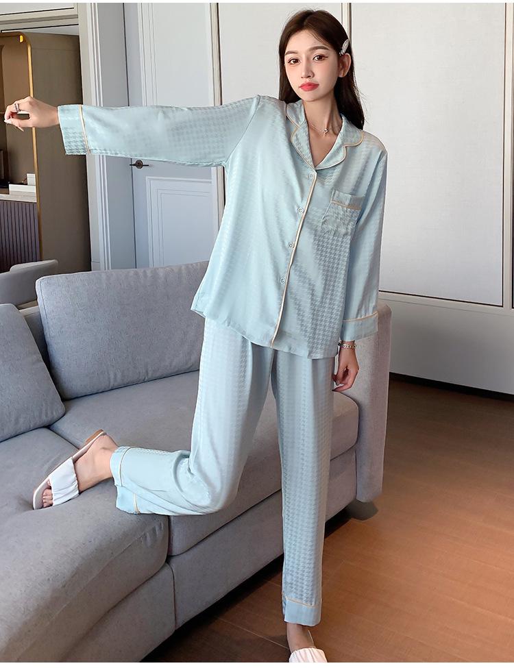 Damen Frühling und Herbst Eis Seide Langarm Jacquard Hahnentritt Pyjama Set für Klimaanlagen