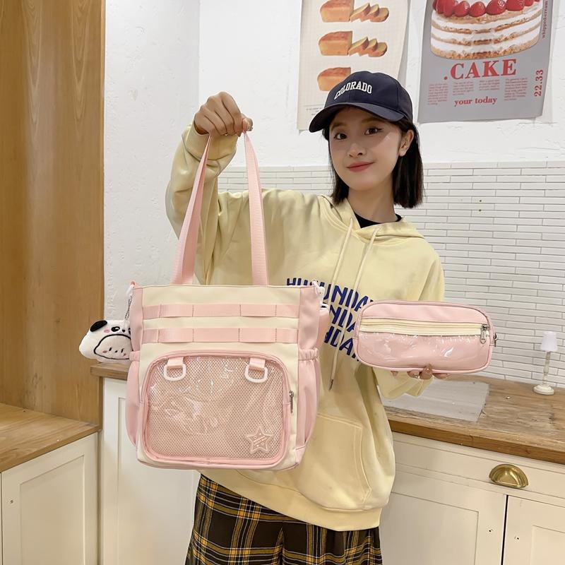 Solid Color Transparent Crossbody Bag Student Handbag Women's Large Capacity Shoulder Tote Bag with Pen Bag