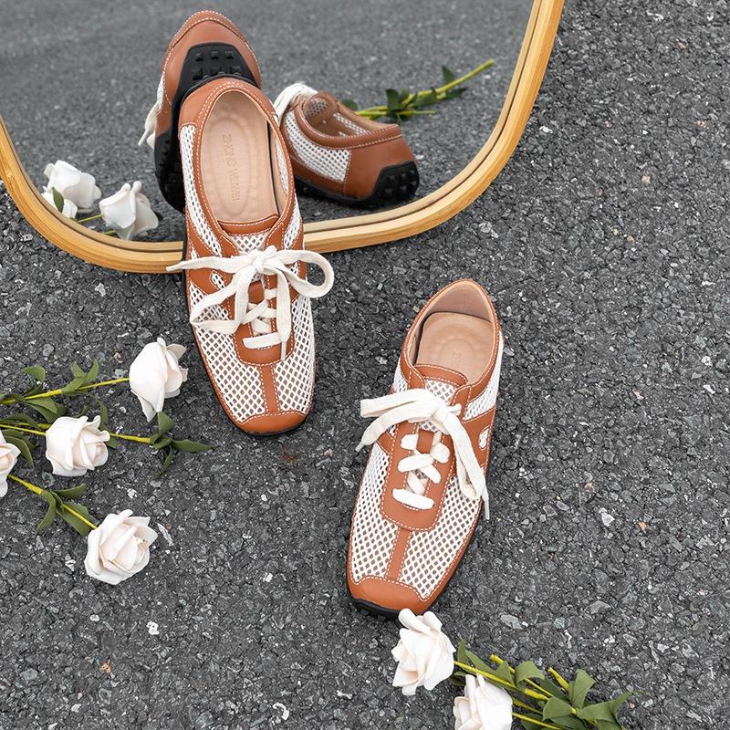 Retro leather mesh breathable women's new outer wear advanced sense casual versatile non-slip hollow single shoes women