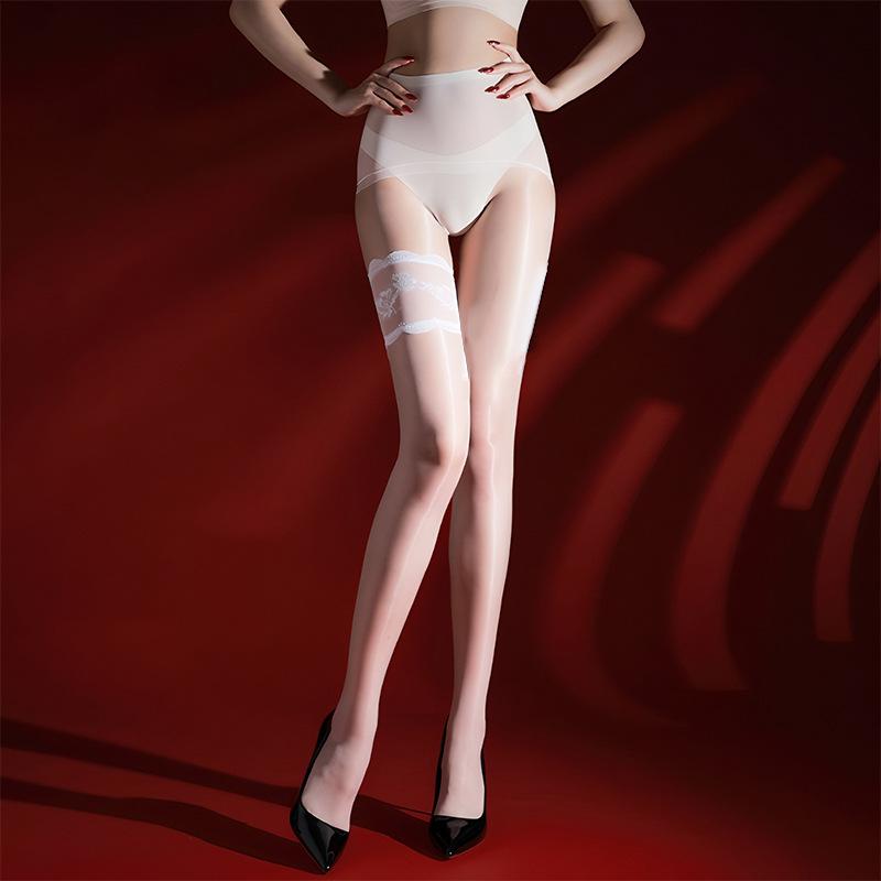 Womens Fake Knee Pantyhose Lace Splicing Knee Stockings 3D Ultra-Thin Oil Sockings Open Crotch Night Club Wear Exotic Lingerie