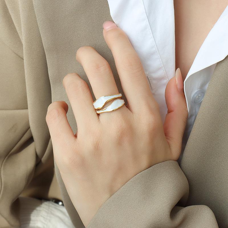 Geometric Blue  White Enamel Open Ring: French Retro Handcrafted Jewelry Size 7