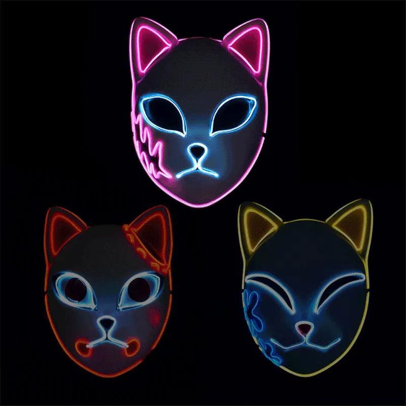 2025 Halloween Neon Mask Cosplay Japanese Anime Neon LED Demon Slayer Mask Halloween Party Costume Props
