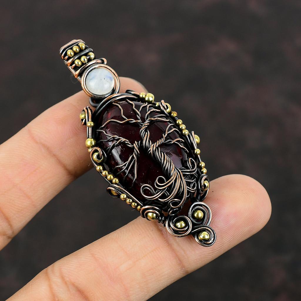 Baum des Lebens Roter Feuer-Labradorit Anhänger Kupferdraht umwickelter Anhänger Regenbogenmondstein Edelsteinanhänger Handgefertigter Schmuck Geschenk für Hochzeit
